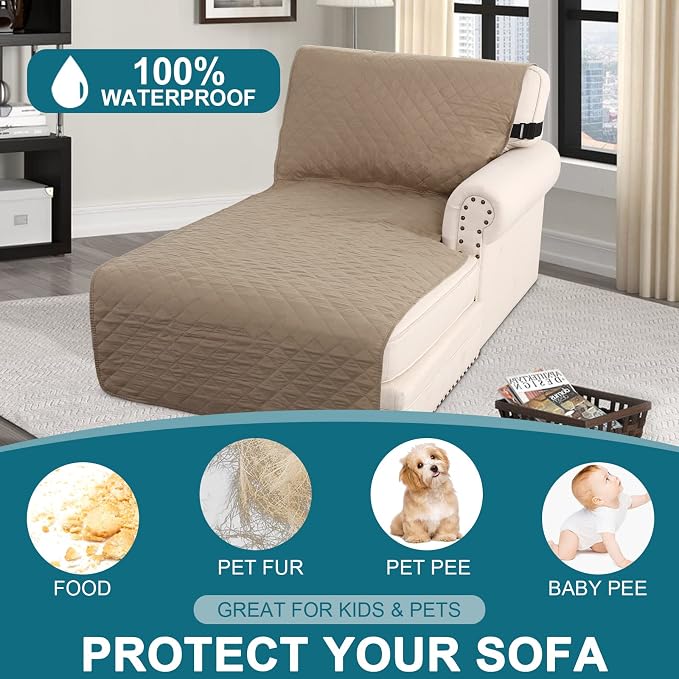 Turquoize 100% Waterproof Sofa Covers Chaise Lounge L Shape Sofa Protector Slip Cover Triple Non-Slip Sofa Slipcover for Sectional Couch Cover for Pets, Kids (Chaise, Khaki)