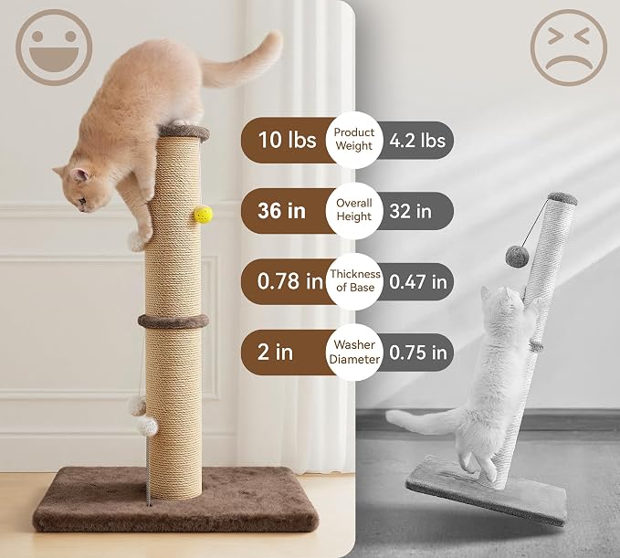 5-Inch Sisal Cat Scratching Post, 36" Tall Scratch Tower, Brown | 6.5" Top Perch, 20.8×15.9" Stable Base, Durable Scratcher, For Indoor Cats