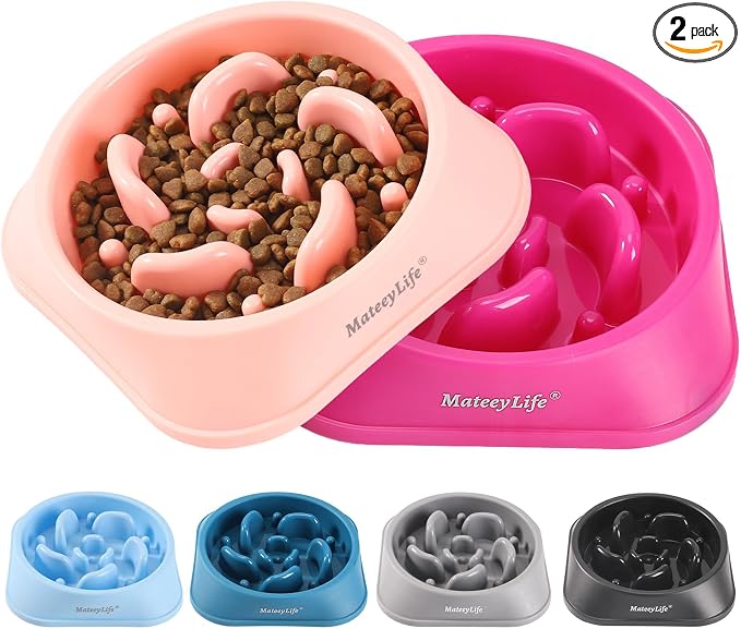 MateeyLife Slow Feeder Dog Bowls 2PCS, Anti-Choking Puzzle Dog Food Bowls, Anti-Slip Interactive Feeding Slow Down Eating, Bloat Stop Maze Dishes for Medium Breeds Pink&Purple
