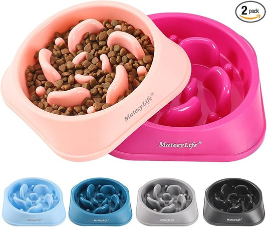 MateeyLife Slow Feeder Dog Bowls 2PCS, Anti-Choking Puzzle Dog Food Bowls, Anti-Slip Interactive Feeding Slow Down Eating, Bloat Stop Maze Dishes for Medium Breeds Pink&Purple