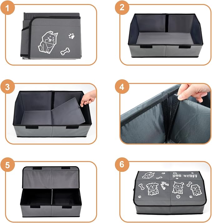 Dog Toy Box with Lid and Removable Divider, 19" Collapsible Toy basket and Handle，600D Fabric Cute Puppy Organizer for Pet Toys and Accessories - Grey - 1pcs