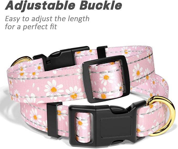 Reflective Dog Collar for Extra Small Dogs, Cute Daisy Theme Adjustable Heavy-Duty Nylon Puppy Collar for Boy and Girl Female, Soft Pet Accessories with Quick Release Buckle, Neck 8-12", Pink