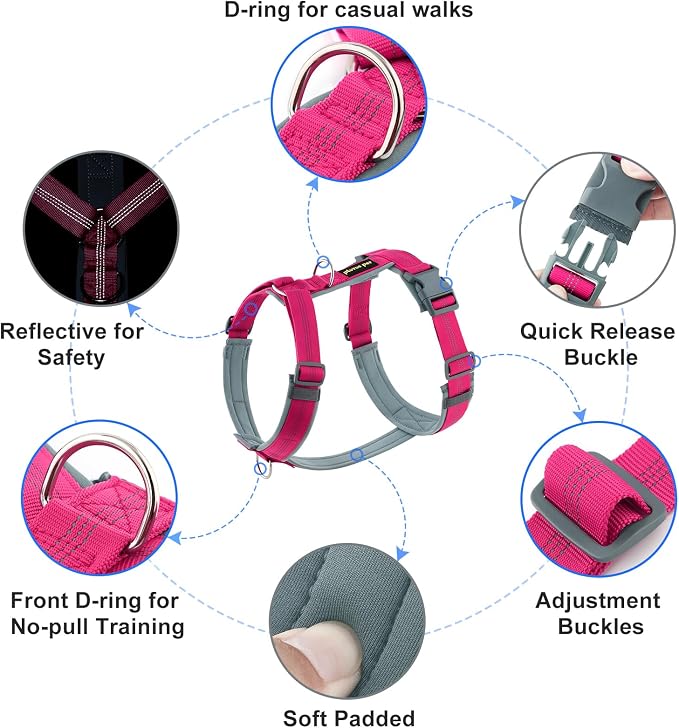 Plutus Pet No Pull Dog Harness, Adjustable Nylon Harness with Soft Padding, Reflective and Heavy Duty Dog Harness for Small, Medium, Large Dogs(Hot Pink, S)