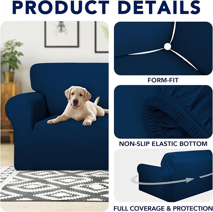 PureFit 100% Dual Waterproof Couch Cover Slipcovers for Couches and Sofas - Stretch Non Slip Fleece Sofa Covers Washable, Leakproof Furniture Protector for Kids, Pets, Dog (Loveseat, Navy)