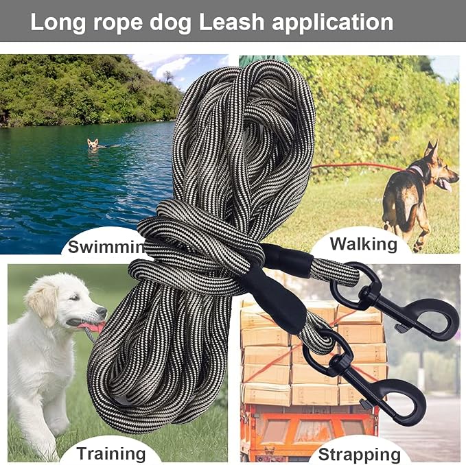 BTINESFUL Tie-Out Check Cord Long Rope Dog Leash, 12ft 20ft 30ft 50ft 75ft Dog Tether for Yard- Great for Large Medium Dogs Training, Playing, Camping, or Backyard (20ft, Beige Black)