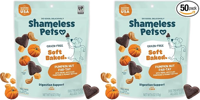 Shameless Pets Soft-Baked Dog Treats, Pumpkin Nut Partay - Natural & Healthy Dog Chews for Digestive Support with Fiber - Made in USA, Free from Grain, Corn & Soy - 2-Pack