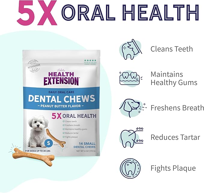 Health Extension Peanut Butter Dental Bones for Dogs, 14 Small Bones, Healthy Gums, Freshens Breath, Cleans Teeth, Training or Reward 6 oz Bag (Pack of 1)