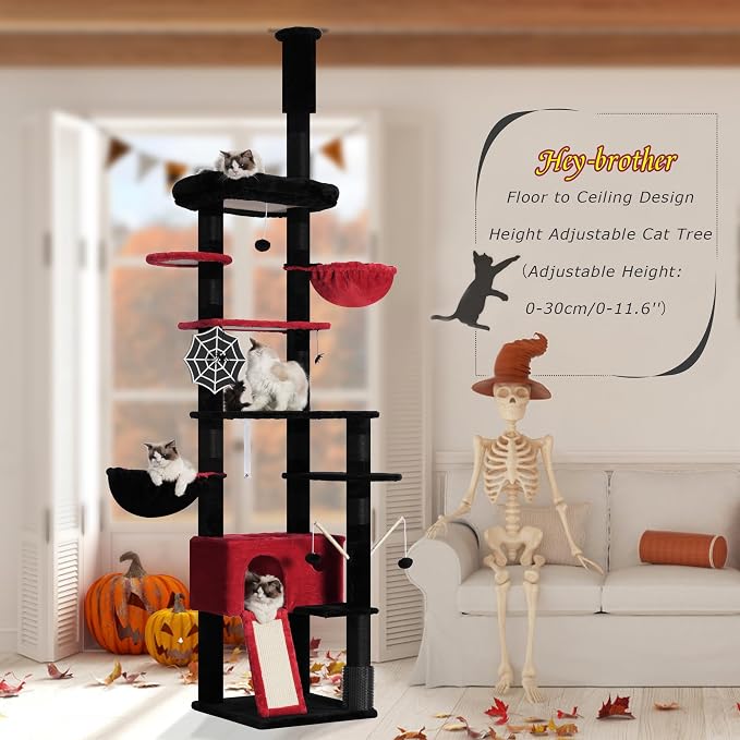 Hey-brother Gothic Cat Tree, 98.4-110.2 Inches Floor to Ceiling Cat Tree-Adjustable Height, Tall Cat Climbing Tower for Cats Large Adult with Scratching Post, Cat cando, Black and Red 0MPJ091BR