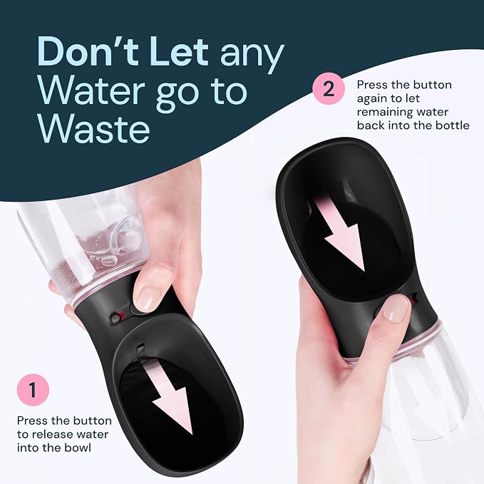 MalsiPree Dog Water Bottle Dispenser - 12 oz Black - Leak-Proof Lock & One-Hand Operation - On the Go Dog Water Dispenser - Pet Travel Bottle with Built-in Bowl, Travel & Hiking Ready