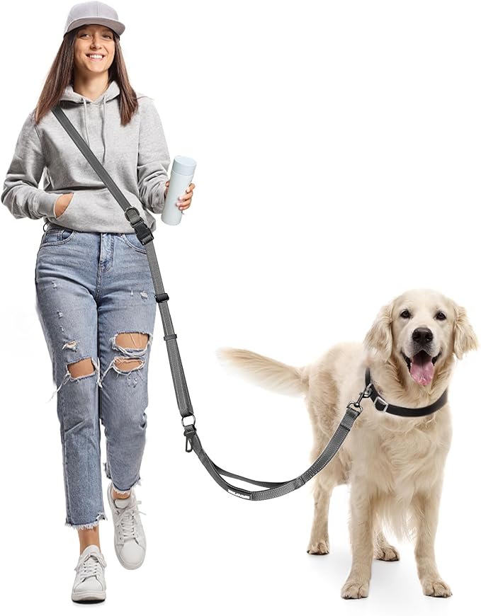 Hands Free Dog Leash & Car Seatbelt, 5.9-9.5ft Crossbody Dog Belt with Dual Soft Handles, Shock-Absorbing, 360° Clip, Reflective Design for Walking, Running, Hiking, Travel. (Grey)