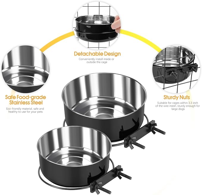 2 Pcs Black Large Pet Dog Food Water Bowl for Cage Stainless Steel Non-Spill Kennel Hanging Cats Bowls with Clamp Holder Crate Feeder Dish for Medium Large Dogs Huge Pets (7.1x2.5'' & 6.3x2.4'')
