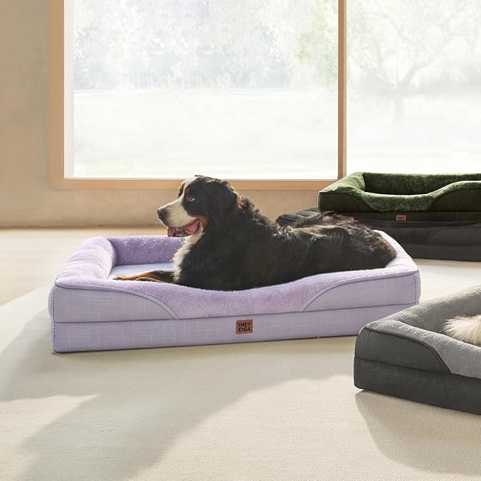 EHEYCIGA Orthopedic XL Dog Bed for Large Sized Dog, 48x35 Inch Extra Large Memory Foam Dog Couch Bed with Sides, Waterproof Liner & Washable Removable Cover, Bolster Pet Sofa, Purple