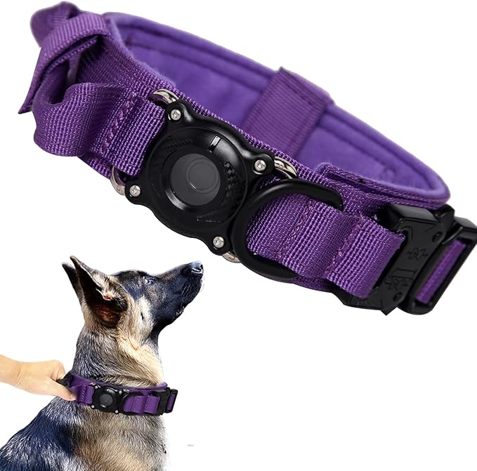 Upgraded AirTag Dog Collar,Waterproof Tactical Dog Collar with AirTag Holder, Control Handle and Metal Buckle,Heavy Duty Dog Collars for Large Dogs Adjustable Heavy Duty Dog Collars(DeepPurple，XL
