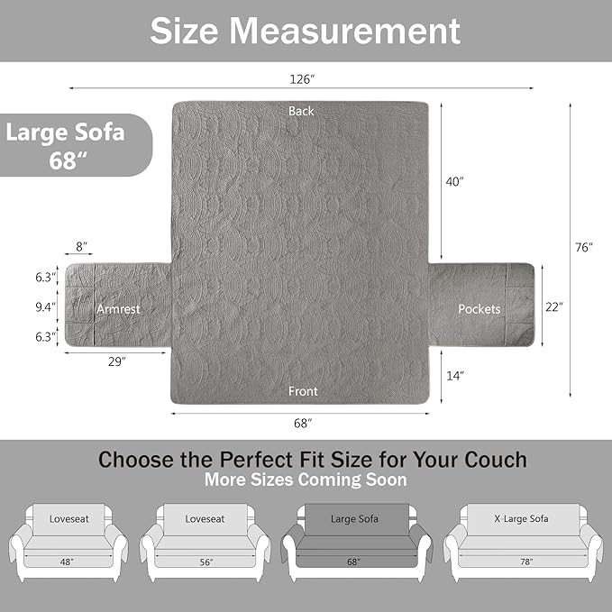 Quilted Cool Gray Sofa Slipcovers with Pockets, Anti-Slip Medallion Couch Covers for 3 Cushion Sofa, Couch Cover for Dogs Cats Water-Repellent Machine Washable (Large Sofa 68", Cool Gray)