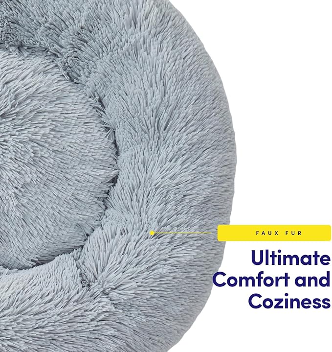 Dog & Cat Bed: Round Faux Fur Pet Bed - Plush, Cozy, & Calming Donut Bed for Large Pets - Soft & Comfortable Sleeping Cushion for Napping & Lounging, 30" Round, Silver
