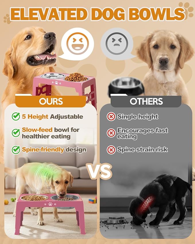 Jovrun Elevated Dog Bowls for Medium Large Dogs with Mat, Non-Slip Dog Feeder with 1*Stainless Steel Dishes & 1*Slow Feeder Bowl, 5 Heights Adjustable Raised Bowls for 3.15″-8.66″-9.84″-11.02″-12.2″