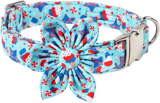 Maca Bates American Flag 4th of July Dog Collar with Flower Bow 4 of 7 for Dogs Adjustable Durable Icecream Patriotic USA Collars Summer Independence Day for Small Medium Large XL Boy Girl Puppy