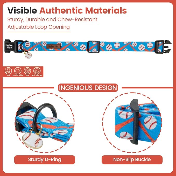 Lionheart glory Cute Dog Collar - Baseball Dog Collars, Blue Adjustable Pet Collar for X-Small Dogs Puppy Male Female Summer Pet Collars