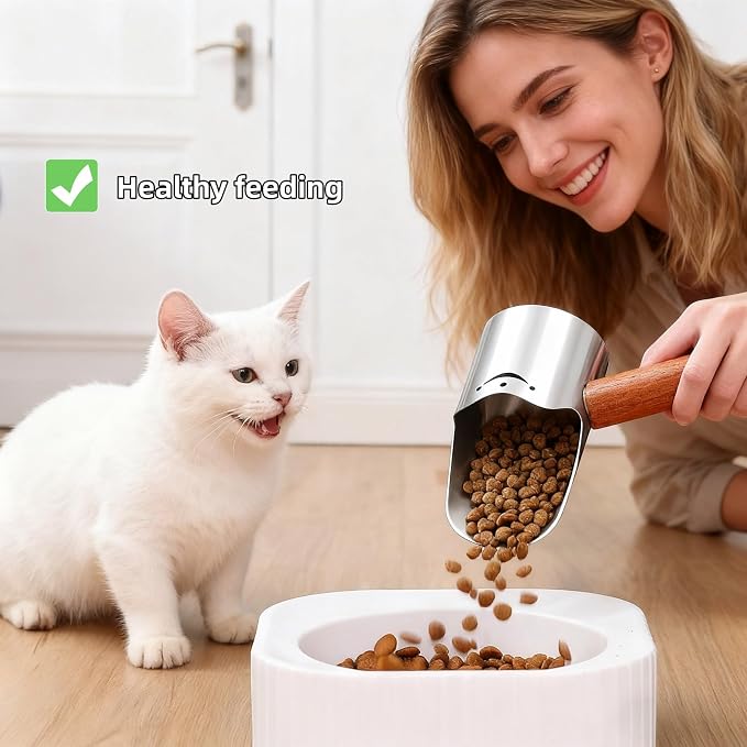 Multi-Pet Food Scoop, Pet Food Measuring Scoop with Wooden Handle,Carbon Steel with Ergonomic Wood Handle, for Dry Food & Treats, Accurate Portion Control for Dog Cat Bird Rabbit. (Grey, Small)