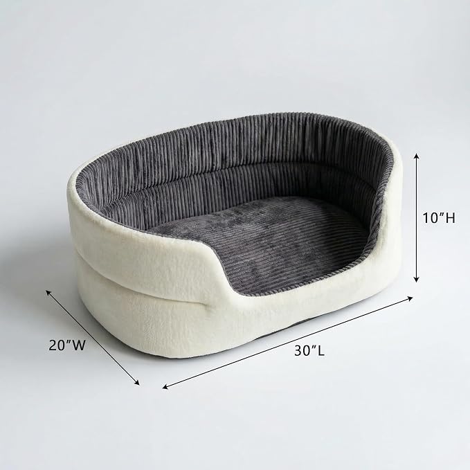 Large Dog Bed Cat Bed 20x30 Inch,Calming Pet Bed for Dogs & Cats,Machine Washable Dog Bed,Half-Enclosed Open-Top Velvet Anti-Anxiety Bed,Cozy Snuggle Bed (White)
