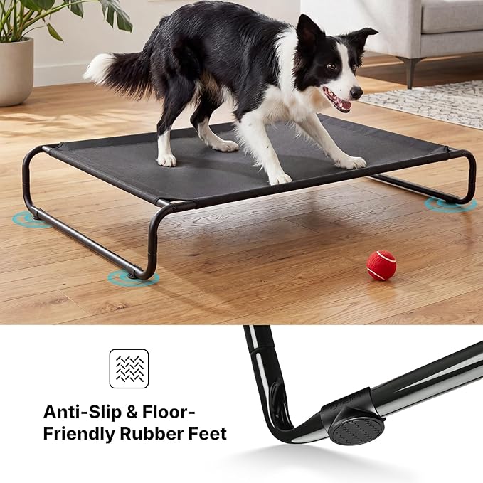 Veehoo Cooling Elevated Dog Bed, Outdoor Dog Bed for Large Dogs, Raised Dog Cot with Thickened Frame, Durable Teslin Mesh & Anti-Slip Rubber Feet, Pet Hammock for Indoor or Camping, 49" x 33", Black