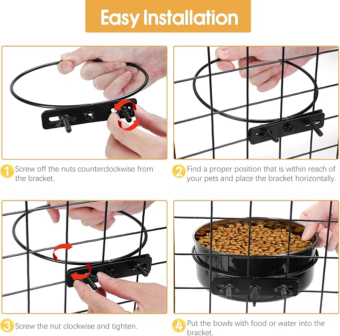 2 Pcs Black Large Pet Dog Food Water Bowl for Cage Stainless Steel Non-Spill Kennel Hanging Cats Bowls with Clamp Holder Crate Feeder Dish for Medium Large Dogs Huge Pets (7.1x2.5'' & 6.3x2.4'')