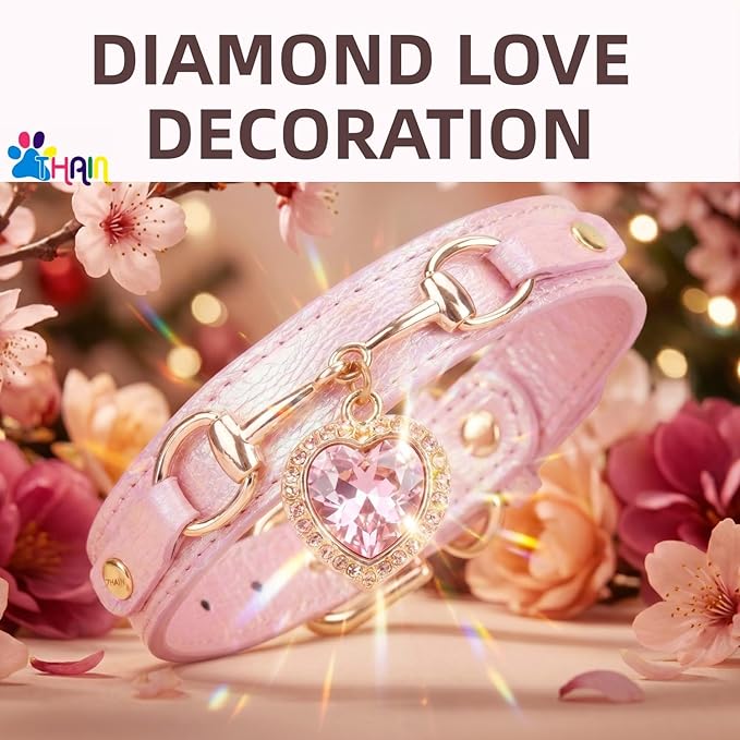 THAIN Fashion Dog Collar with Bling Diamonds & Heart Charm – 5 Holes Adjustable PU Leather Rhinestones Necklace Collar, Gold Buckle for Small Dogs Girl (Pink, XS)