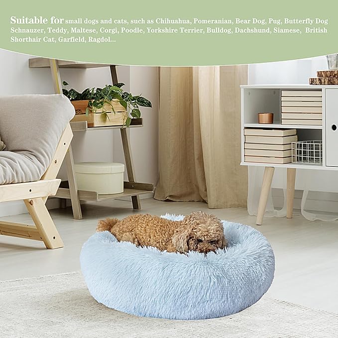 Calming Dog Bed for Small Dogs Cats, Kitty Puppy 23'' Round Anti-Anxiety Warm Fluffy Plush Faux Fur Bed, Soft Anti-Slip Donut Washable Small Pet Bed, Cozy Cat Puppy Bed, Fits up to 30 lbs Pets
