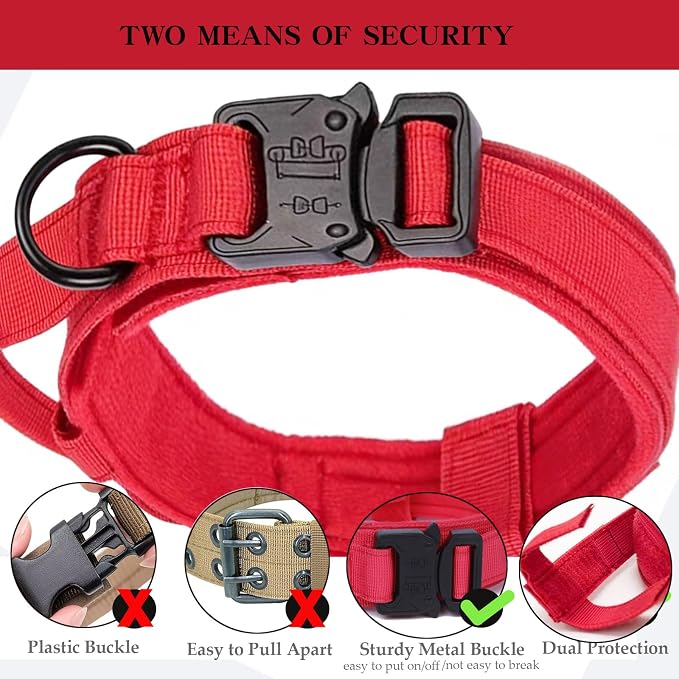 Tactical Dog Collar Adjustable Military Nylon Dog Collar with Control Handle and Heavy Duty Metal Buckle for Medium and Large Dogs (Red,XXL)