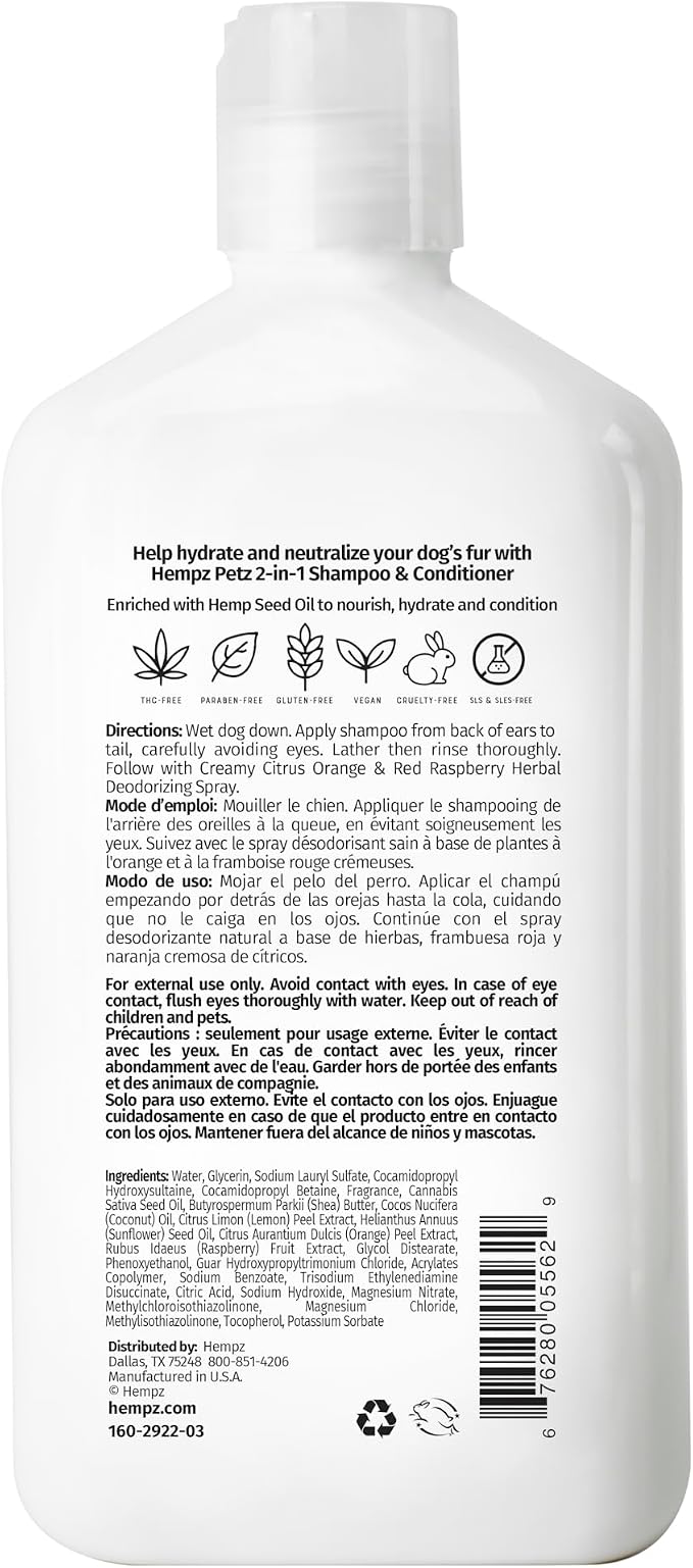 Hempz Petz, Dog Shampoo & Conditioner, Creamy Citrus Orange & Red Raspberry 2 in 1 Herbal Shampoo & Conditioner 17 oz.