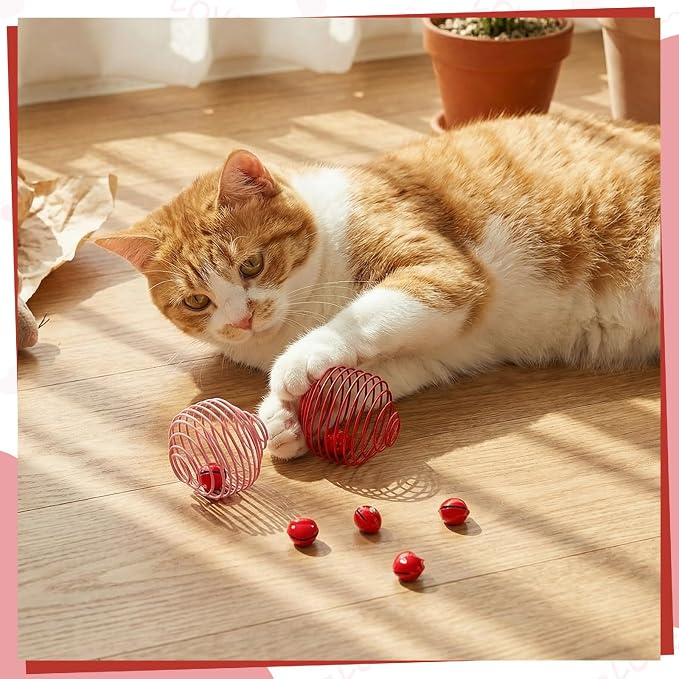 Jecery 5 Pcs Cat Spring Balls Toys Stretchable Rolling Balls Colorful Playful Coils Interactive Action Toy Caged Rats for Kitten Pet Supplies (Heart Bel,Pink Red)