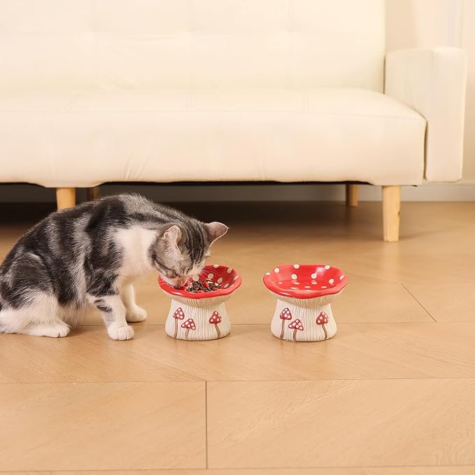 Ceramic Cat Bowl, Cute Red Mushroom Elevated Cat Food Dish, Shallow Raised Feeder, Anti Vomiting, Stress Free, Whisker Fatigue