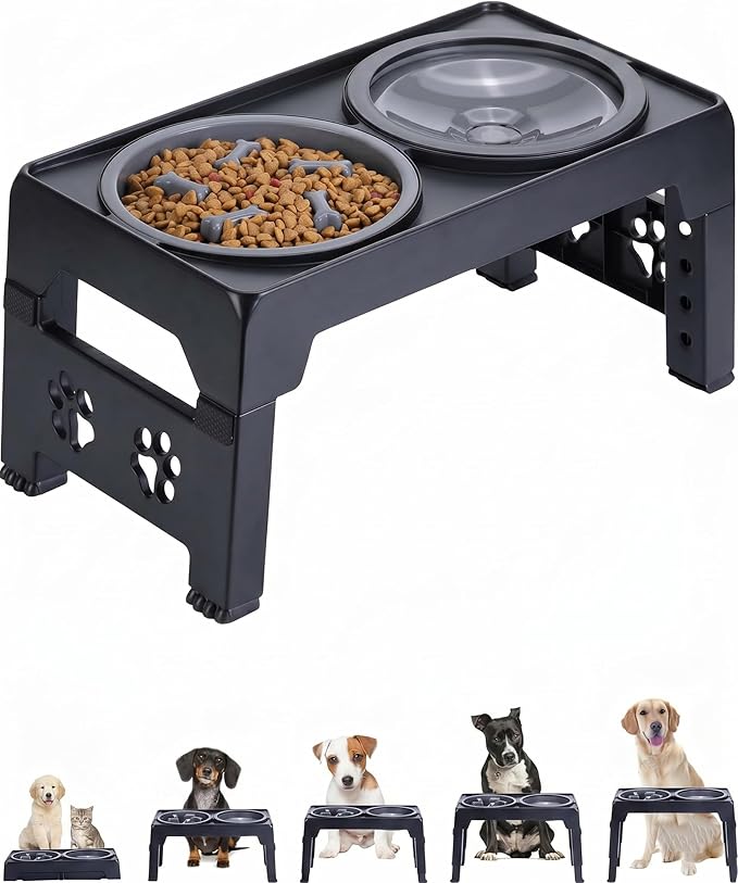 LALOBLUE Elevated Dog Bowls, Raised Dog Bowl with 2 Stainless Steel Dog Food Bowls, Dog Bowls Stand Adjusts to 5 Heights 2.95", 8.46", 9.65", 10.82", 12.01" for Small Medium Large Dogs Cats Pets,Black