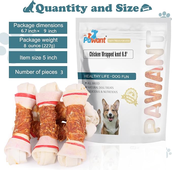 Chicken Wrapped Rawhide Bones Dog Treats, 6.5 Inch Large Knots for Medium and Large Dogs, High Protein 65% Long Lasting Dog Chews, 8 Ounces