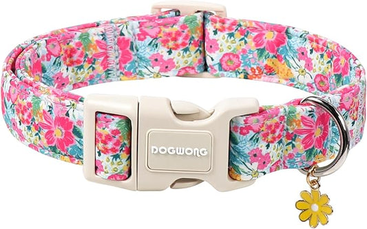 DOGWONG Spring Flower Dog Collar-Cute Floral Daisy Dog Collar, Adjustable Soft Girl Female Dog Collar for Small Medium Large Dogs, XL