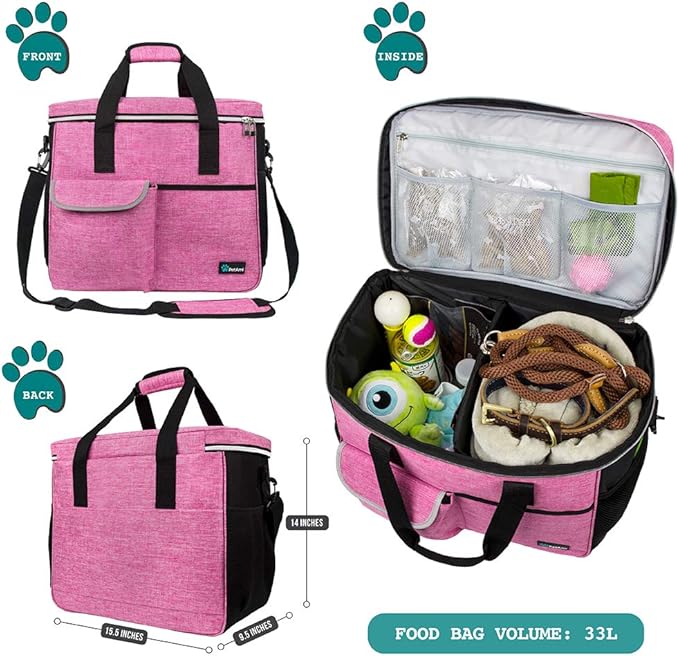 PetAmi Dog Travel Bag Organizer, Pet Travel Kit with 2 Food Containers & 2 Collapsible Dog Bowls, Pet Supplies Tote with Luggage Sleeve, Weekend Road Trip Camping Essentials, Pink, Large