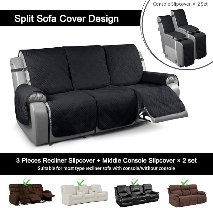 TAOCOCO 100% Waterproof Recliner Couch Covers for 3 Cushion Couch with Console, Recliner Sofa Cover for 3 Seat Sofa, Split Reclining Sofa Cover Furniture Pets Kids Protector (3 Seater, Black)