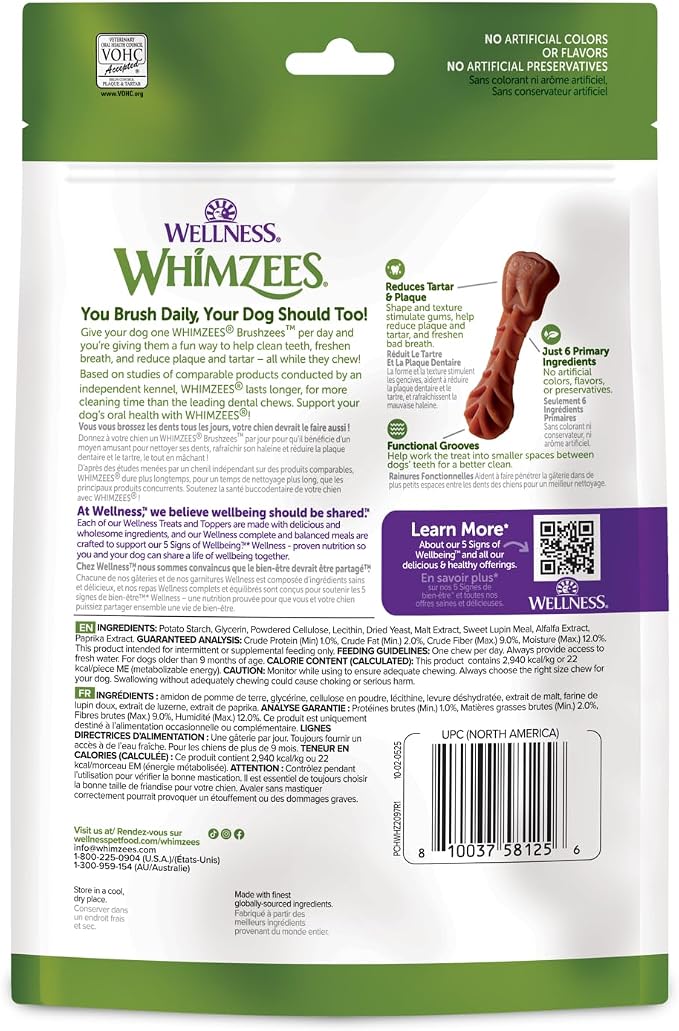 Wellness WHIMZEES Brushzees Natural Dog Dental Treat, VOHC Accepted Chews, Freshens Breath, Extra-Small Size, 4.2 oz Bag, 16 Count