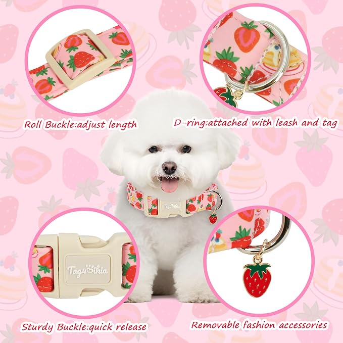 Dog Collar with Strawberry Patterns, Spring Summer Collection Pink Dog Collar with Exquisite Pendant, Durable Adjustable Collars for Gifts & Daily Use-S