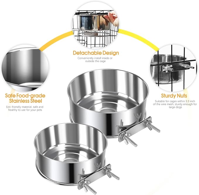 2 Pcs Large Pet Dog Food Water Bowl for Cage Stainless Steel Non-Spill Kennel Hanging Cats Bowls with Clamp Holder Crate Feeder Dish for Medium Large Dogs Huge Pets (7.1x2.5'' & 6.3x2.4'')