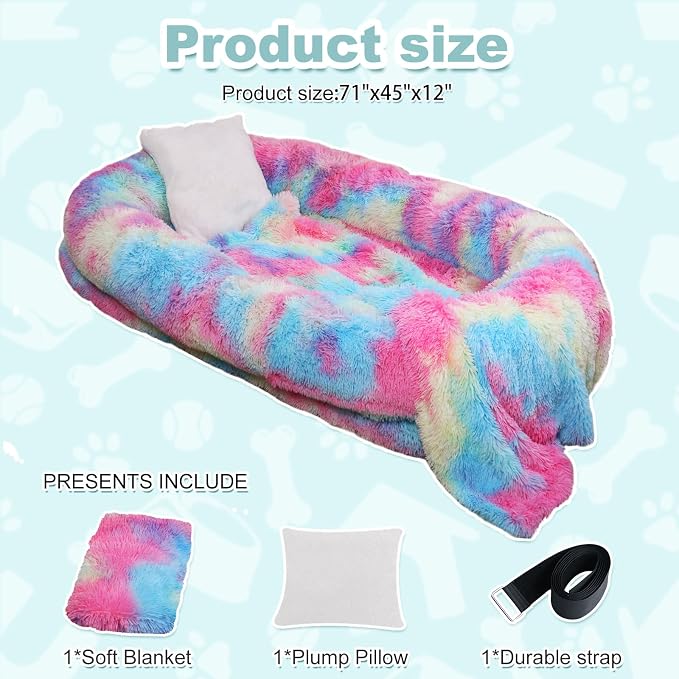 YAEM Human Dog Bed for Adult and Pets - 71"x45"x12" Dogs Beds for Humans with Washable Faux Fur Cover, Plump Pillow, Blanket, Orthopedic Design, Strap-Rainbow