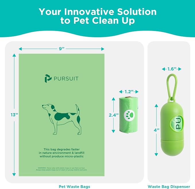 Green Pursuit Poop Bags for Dogs - Large Leak Proof Dog Poop Bags Rolls with Handle | Tear Resistant Dog Poop Bag with Dispenser | Degrades Faster, Easy to Open, Separate & Tie | 9"x13", 135 Bags