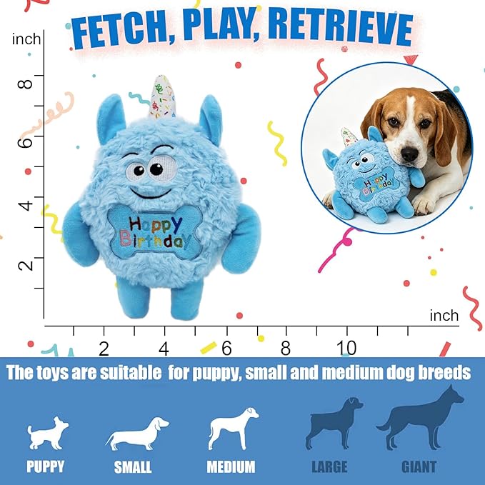 Plush Dog Birthday Toy for Girl Boy Gifts, Crinkle Squeaky Dog Toy Keep Them Busy Tug of War Stuffed Dog Chew Toy for Small Medium Large Dogs (Sky Blue)