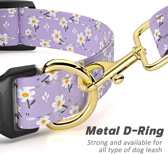 Reflective Dog Collar for Medium Dogs, Cute Flower Theme Adjustable Heavy-Duty Nylon Puppy Collar for Boy and Girl Female, Soft Pet Accessories with Quick Release Buckle, Purple White