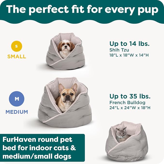 Furhaven 24" Round Pet Bed for Indoor Cats & Medium/Small Dogs, 100% Washable, For Pets Up to 35 lbs - Minky Plush & Velvet Hug Bed - Silver Gray, 24-inch
