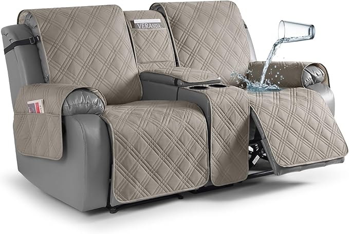 TAOCOCO Loveseat Recliner Cover with Center Console, 100% Waterproof Pet Covers for Dual Recliner with Straps Design, Split Reclining Loveseat Cover Furniture Pet&Kid Protector (2 Seater, Light Brown)