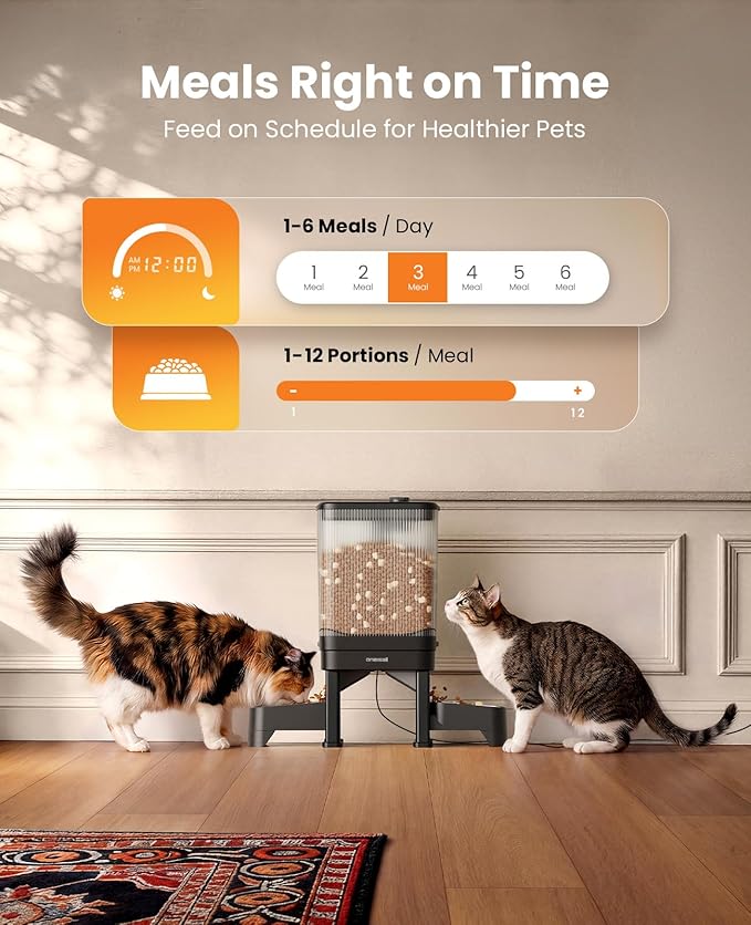 oneisall Automatic Cat Feeder for 2 Cats, 7L/32-Cup Auto Cat Feeder with Timed Portion Control, 1-6 Meals Programmable Cat Food Dispenser, Dual Elevated Stainless Steel Bowls for Multi-Cats Dry Food