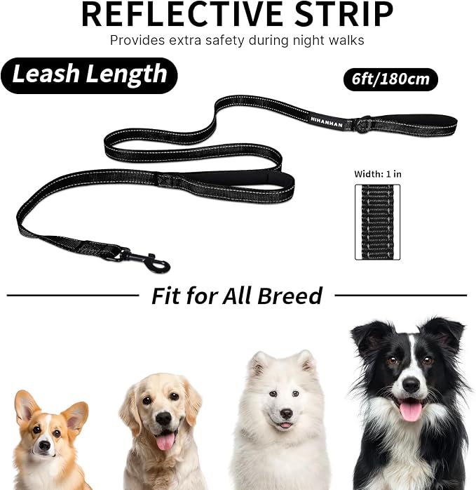Reflective Dog Leash with Double Handle, Dog Leash 6 FT Long, Supports Medium, and Large Dogs, Heavy Duty for Walking, Running, and Training, Black