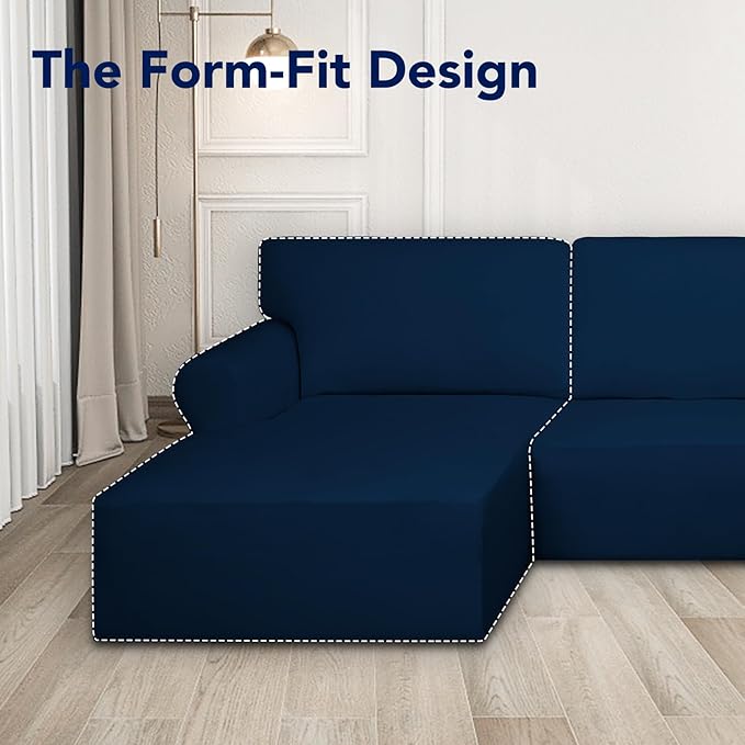 PureFit Super Stretch Sectional Couch Covers - 2 pcs Spandex Non Slip Sofa Covers with Elastic Bottom for L Shape Sectional Sofa Couch, Great for Kids & Pets (3 Seat Sofa + 2 Seat Chaise, Navy)