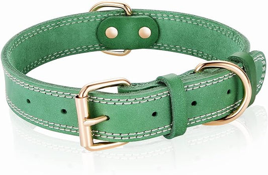 Leather Dog Collar, Heavy Duty, Wide, Genuine, for Medium & Large Dogs, Dual Stitch - Green